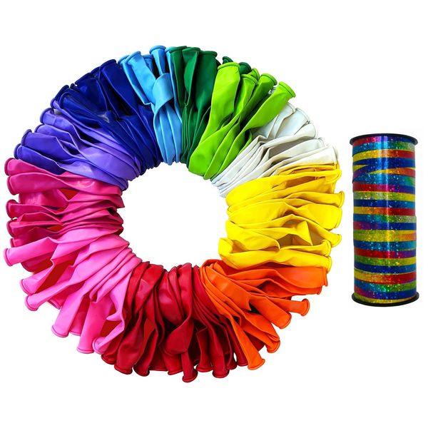 Assorted Coloured Balloons 100 Piece &amp; Rainbow Balloon Ribbon - 90m