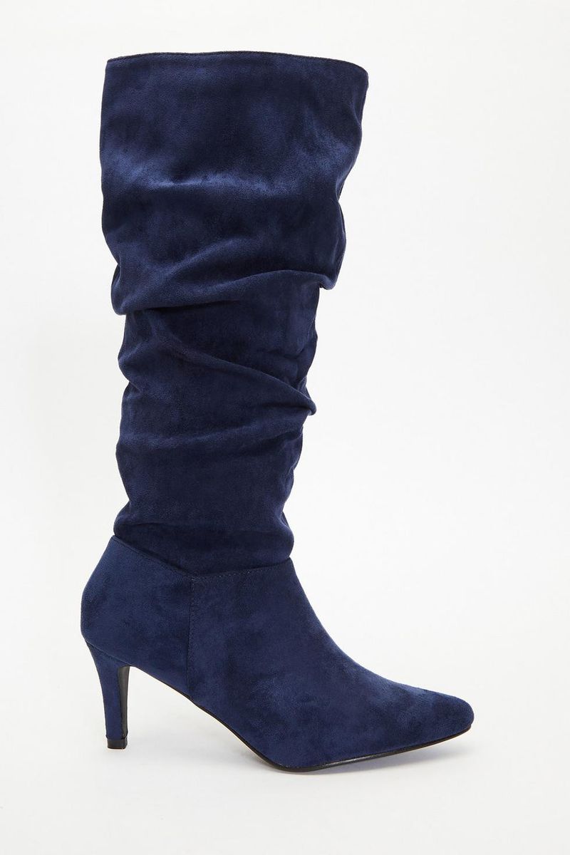 Quiz Ladies Navy Ruched Knee High Heeled Boots Shop Today. Get it