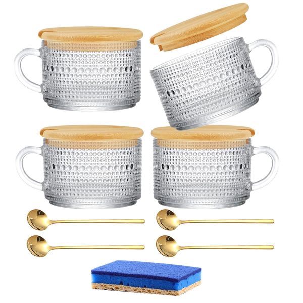 4 Pieces 410ml Glasses Handle Cups Set with Lids, Spoons &amp; Cleaning Sponge