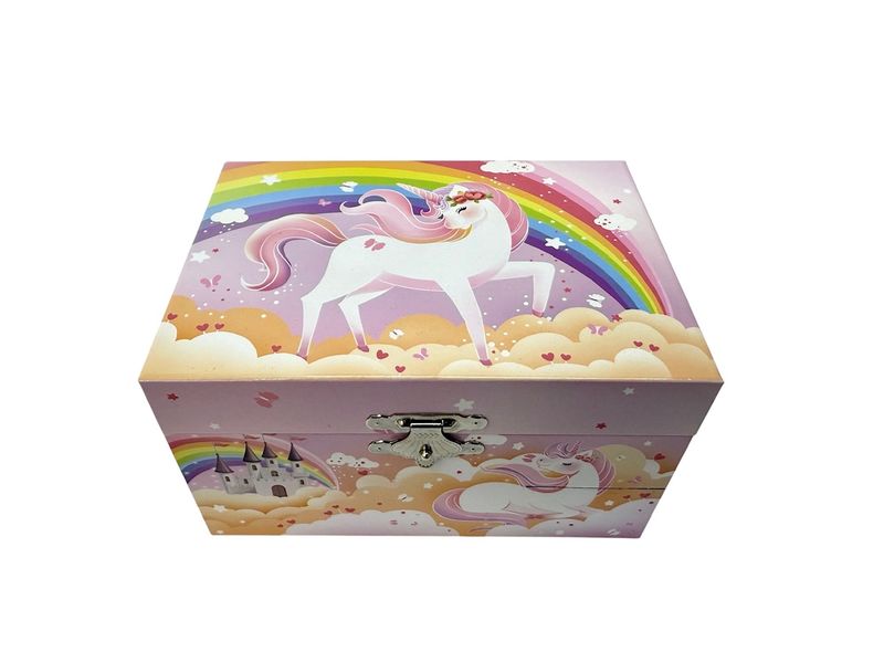Mini Musical Ballerina Jewellery Box - Unicorn Rainbow Mystical Theme - Pink + Multicolour - 15 x 11 x 90