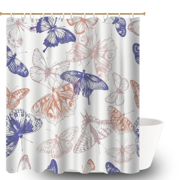 Butterfly Print Shower Curtain for Bathroom Set with 12 Hooks, 180x180cm.