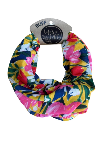 Neck Gaiter - Pink, Red &amp; White Flowers on Yellow
