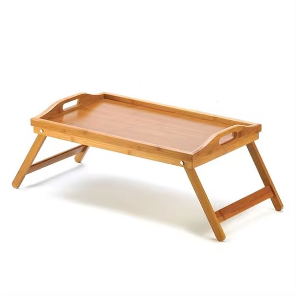 Portable Rectangle Natural Bamboo Serving Tray with Foldable Legs