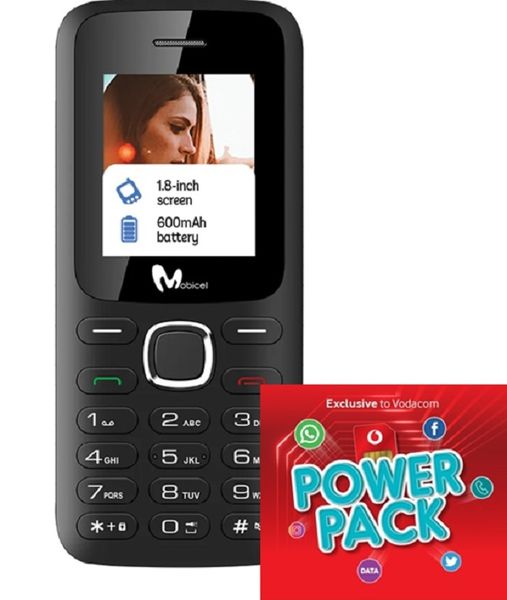 Mobicel C1 2G 32MB Single Sim - Black + Vodacom Sim Card Pack