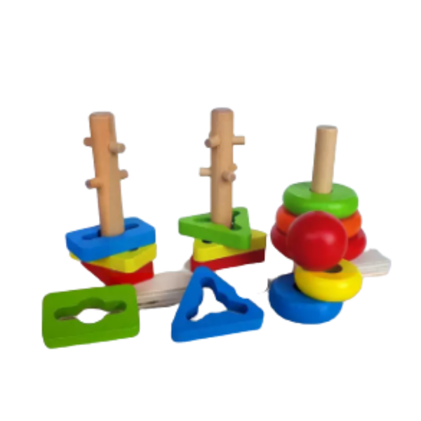 Rainbow Three Column Stacking Sorting Tower Wooden Toy
