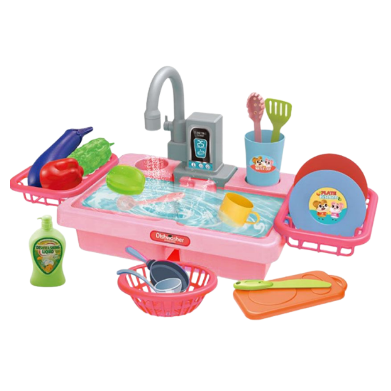Toddler Kitchen Pretend Dishwashing Sink Set with Dishes Toy Pink