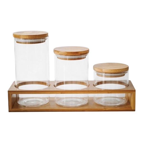 Canister Set Borosilicate Glass on Wooden Stand - Set of 4