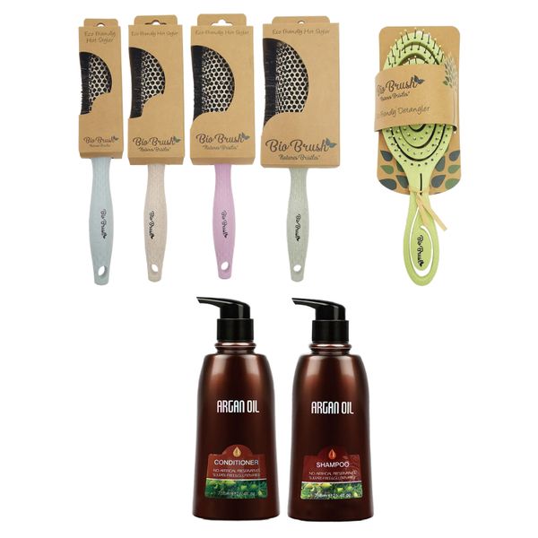 Bio Brush Hot Styling and White Detangling Brush Set &amp; Argan Oil - 750ml