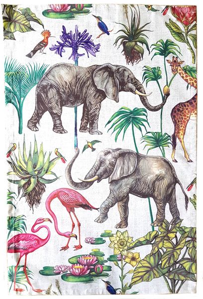 Vintage Elephant &amp; Flamingo Animal Tea Towel Dish Cloth 67x44,5cm