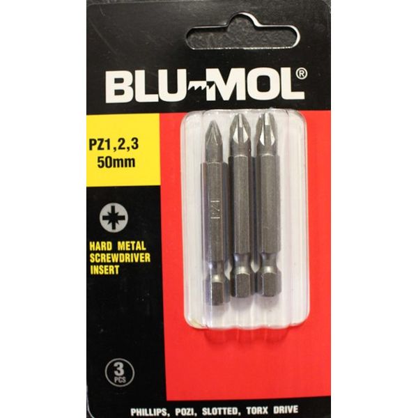 Bulk Pack x 12 Blu-Mol Screwdriver Bit S2 Pz1 2 3x50mm 3pc