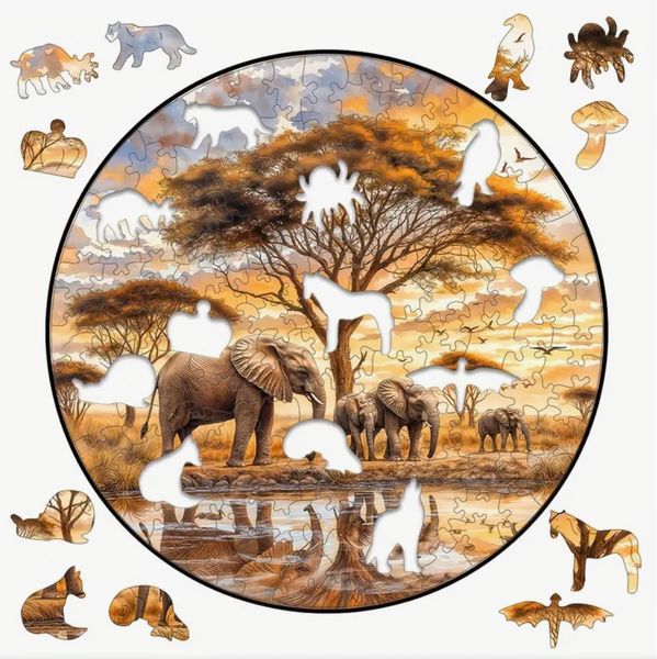Migrating Elephant Family Wooden Jigsaw Puzzle for Adults and Kids
