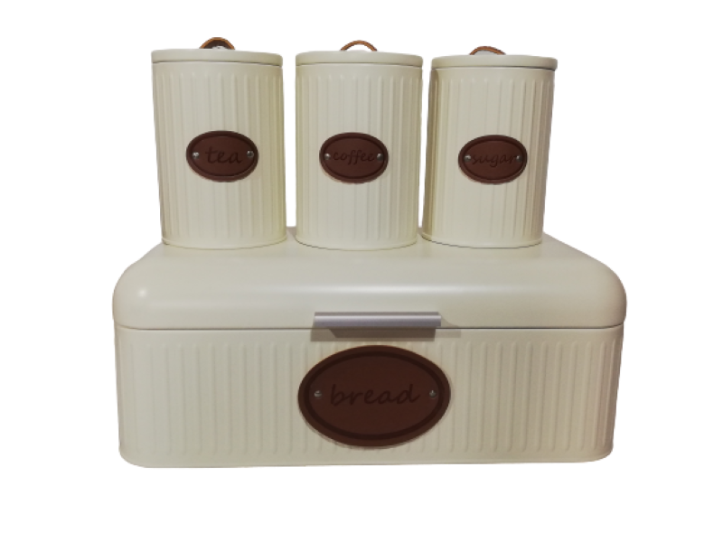Bread Bin &amp; Canister Set 4 Piece With Leather Labels