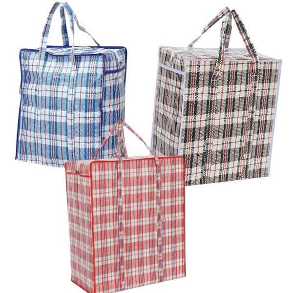 Ca205 3 Plastic Checked Laundry Storage Shopping Bags with Zipper