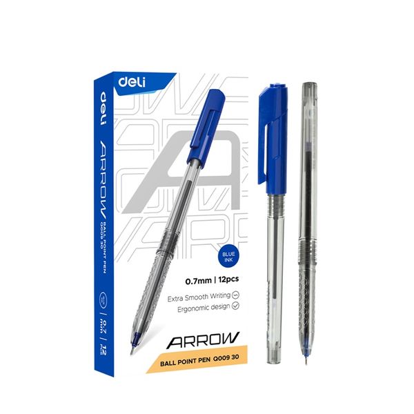 Deli Arrow Ballpoint Pen Mini Tip 0.7mm Blue Ink Transparent Barrel 12 Pcs
