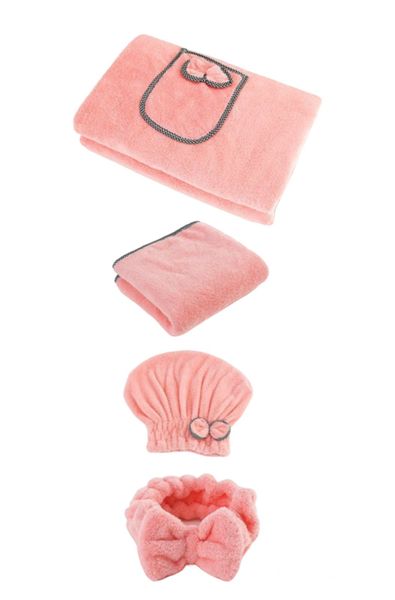 4 Piece Bow Decor Bath Towel &amp; Hair Drying Cap Set