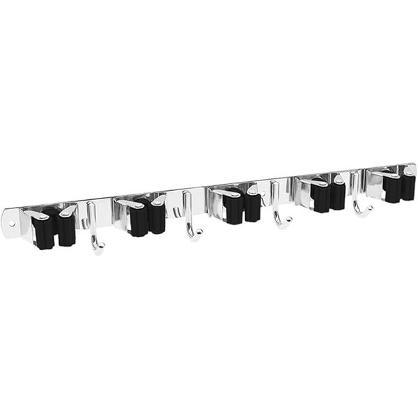 Broom Holder Wall Mounted Mop Hanger with 5 Slots and 4 Hooks, 43x2.9x4CM