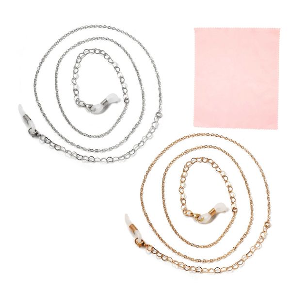 Anti-Slip Eyeglass Chain and Microfiber Cloth-Gold and Silver Heart Link - 2 Piece