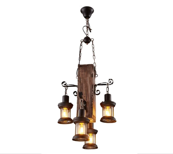Vintage Wood &amp; Metal Pendant With Four Light Fittings
