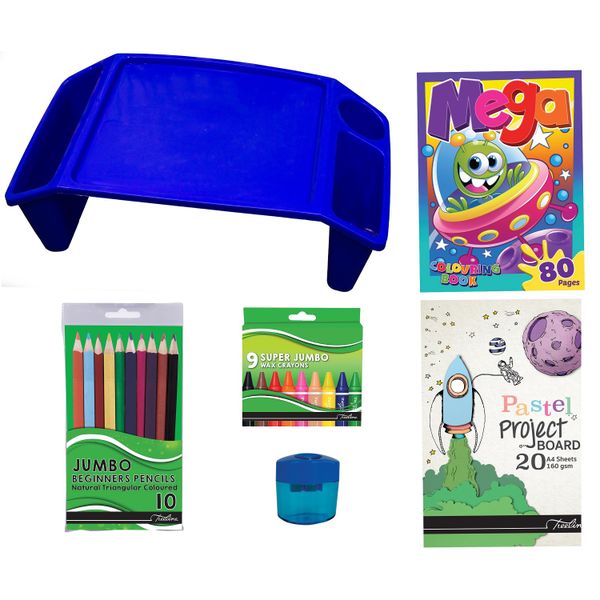 Kids Blue Lap Tray Portable Desk Craft Bundle Activity Colouring Kit