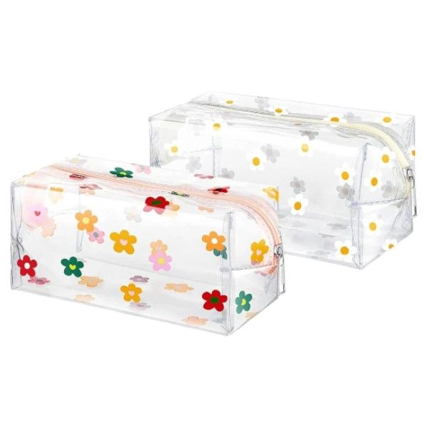 2 Pieces Floral Design Portable Cosmetic Makeup Bag - Transparent