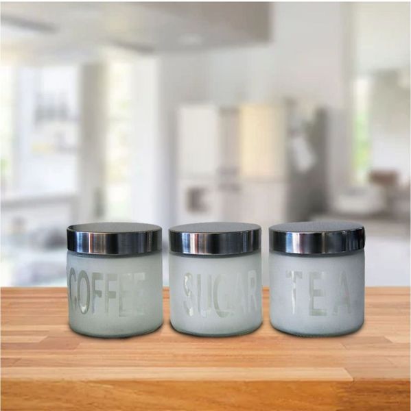 Dream World 3 Piece Frosted Glass Canister Jar Set with Stainless Steel Lid