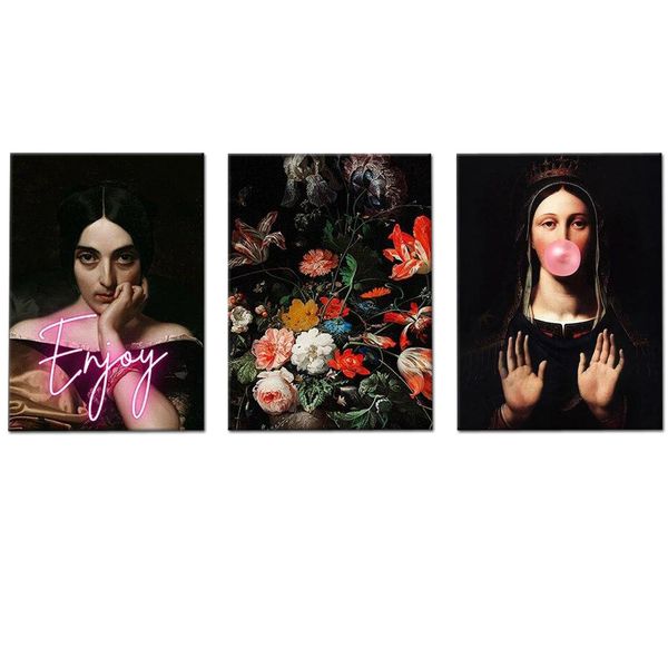 Canvas-Art-3 Pieces Coulorful Floral &amp; Mona Lisa Pink Bubblegum Wall Art