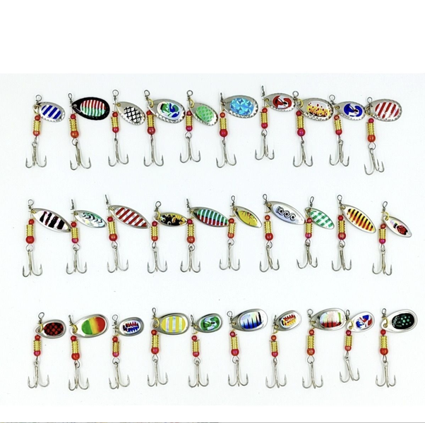 Spinner Fishing Lure Kit Metal Sequin Spoon Hard Bait Fishing Wobbler - 30Piece