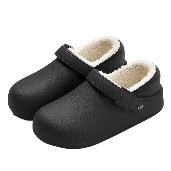 Waterproof Cotton Slippers Winter Warm Plush Non-Slip Heel Strap Black