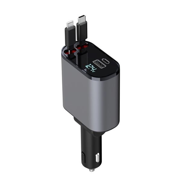 4-in-1 Car Phone Charger 66W - Retractable USB-C + Lightning Cable