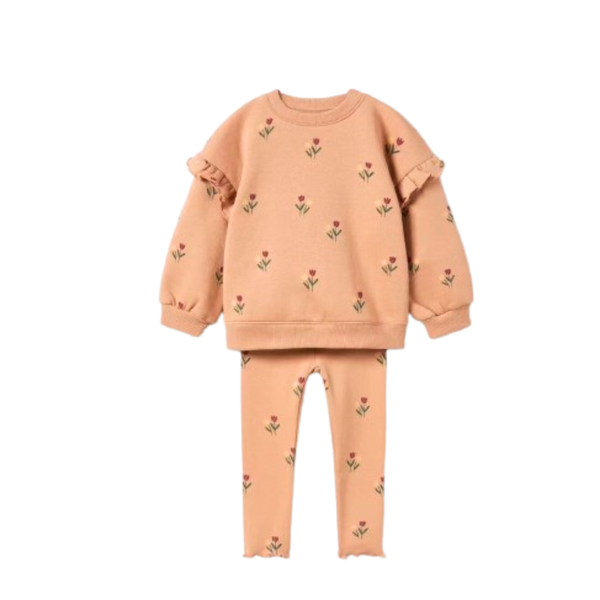 Floral Print Sweatshirt with Rib Leggings Set
