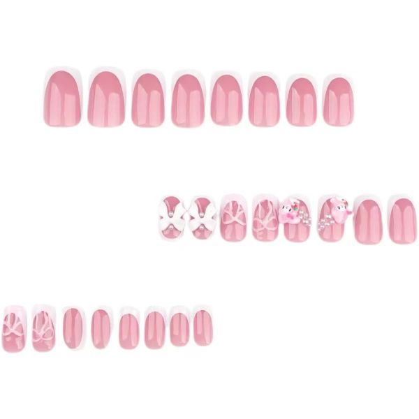 French Sweet Pink 3D Bow Nail Art Simple False Nails