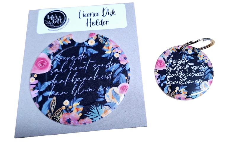 Licence Disk Holder &amp; Keyring - Flower Frame Disk with Vreugde Quote
