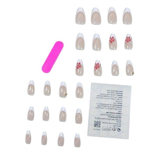 24 Piece - Almond Shaped Press On Nails With Red Flower Detail-Pink &amp; White