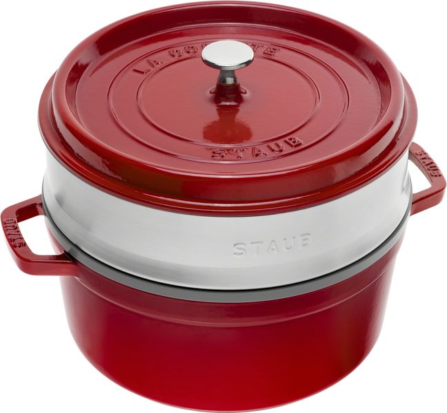 Staub Cast Iron Casserole &amp; Steamer Round 26cm Cherry