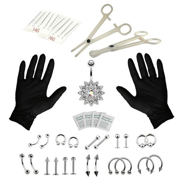 41 Piece Body Piercing Tool Kit Ear Nose Navel Nipple Needles 14G and 16G Set Kits