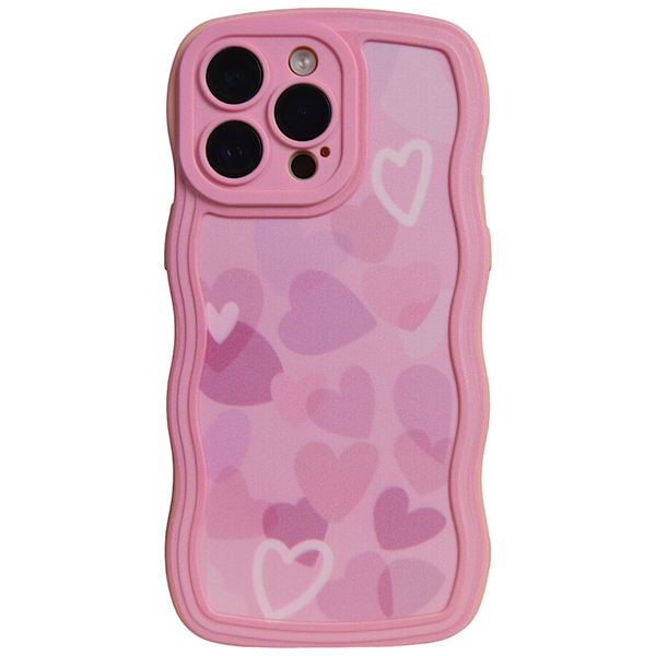 Pink - Phone Case with Wavy Edge &amp; Multi Colour Hearts - Iphone 14 Pro Max