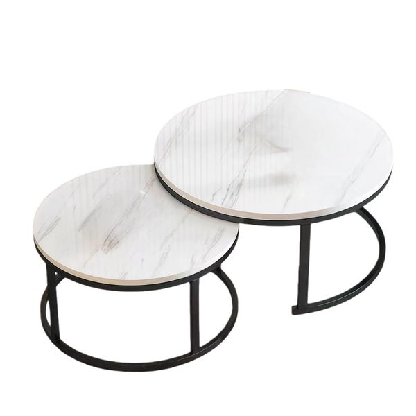 70cm Round Side Table, Nest Coffee Table Set of 2, Wood Grain Top - White