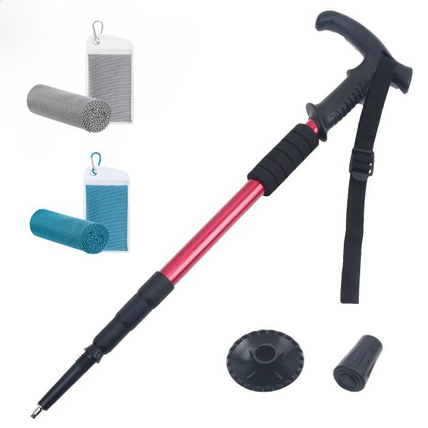 1 Red Retractable Hiking Stick and 2 Blue and Gray Cold Protection Towels