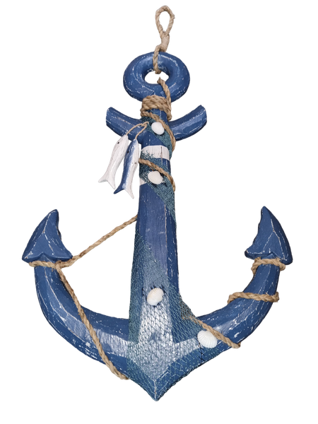 Anchor Wall Decor Hanging Nautical Wooden Two Fishes And Net - 35cm x 50cm