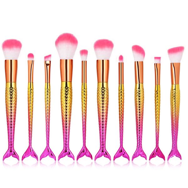10 Piece Mermaid Professional Makeup Brush Cosmetic Set - Gloss Pink &amp; Yellow