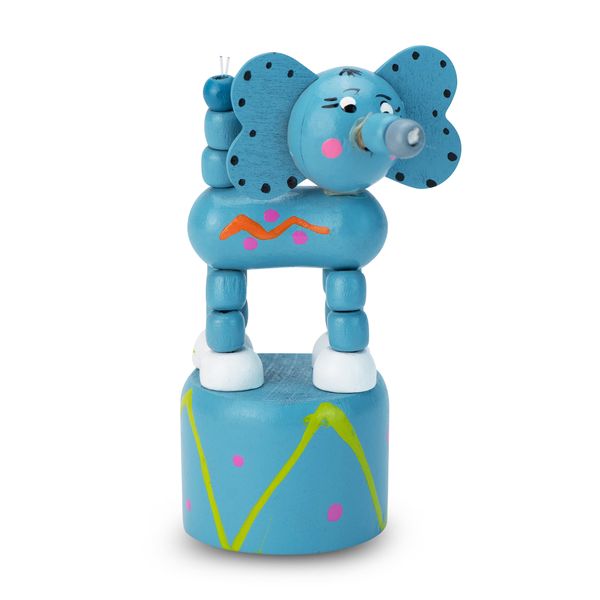 Press Up Kids Toy - Elephant - Painted Patterns - Wooden - Blue