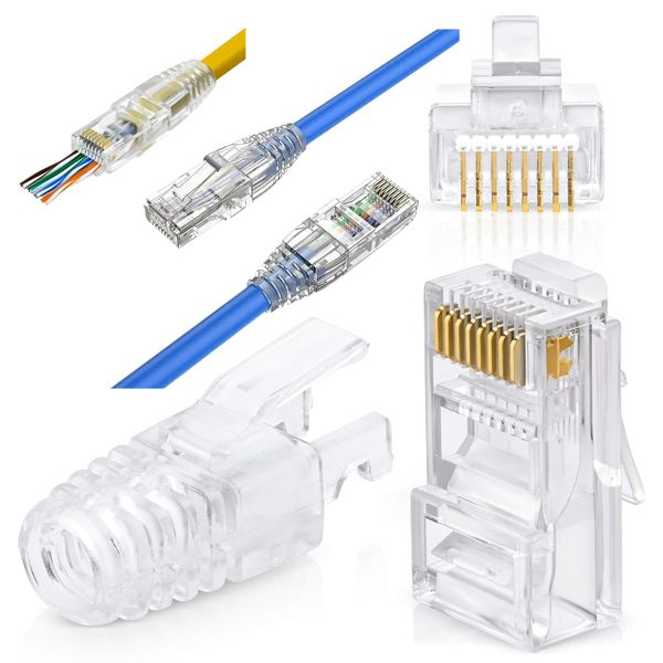 50 Pack: EZ Pass Through Cat6 RJ45 Connectors &amp; Boots: Transparent.