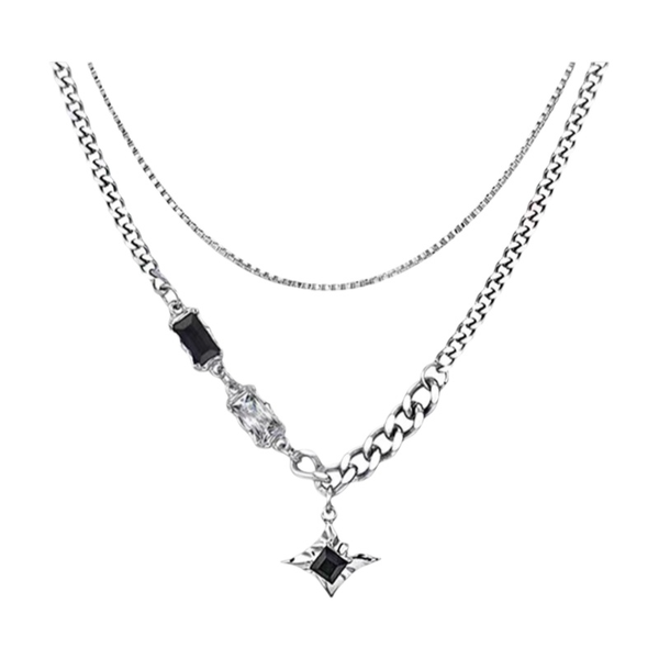 Men's Double-Layer Star Necklace Black White Gem Titanium Steel