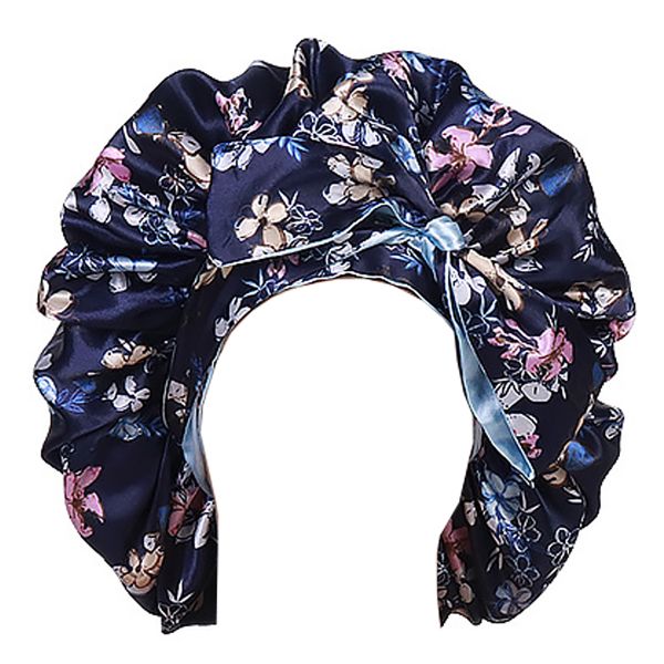 Double-Layer Reversible Bow Hair Bonnet - Dark Blue Floral