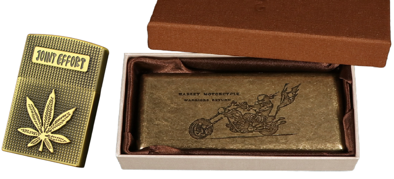 Retro Bronze Harley Davidson Cigarette Case + Butane Windproof Lighter