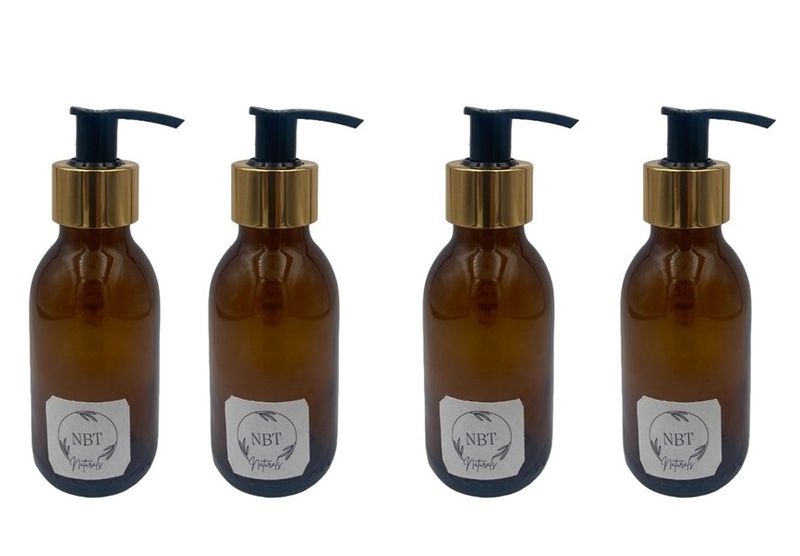 NBT Naturals -Empty Glass Bottle &amp;Gold &amp; Black Lotion Pump-Amber - 4 Pack