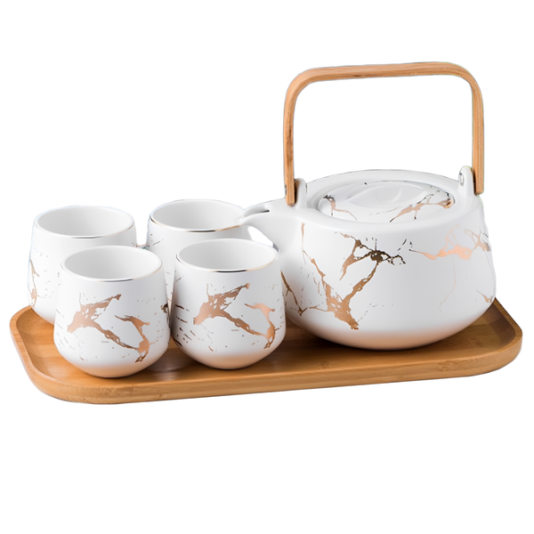 6 Pieces Porcelain Teapot Set Afternoon Tea Ware Tea Set with Bamboo Tray