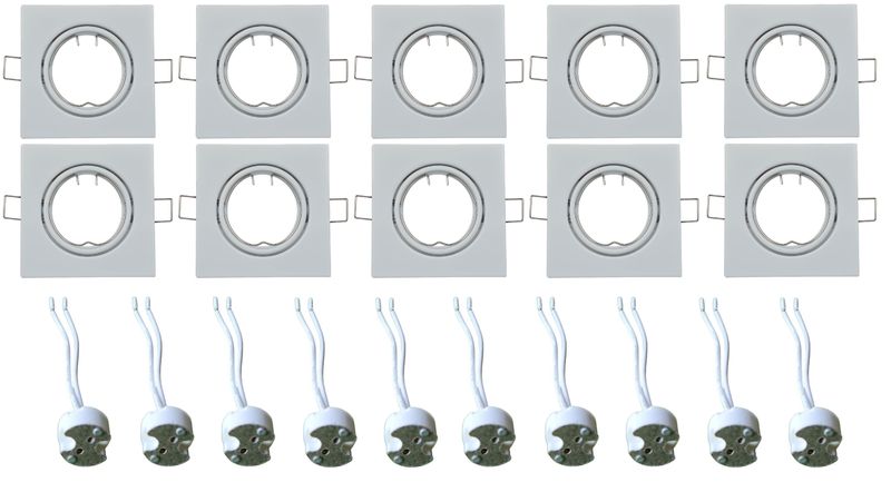 Swivel Square Down Light Fittings &amp; MR16 Down Light Base Socket - 10 Pack