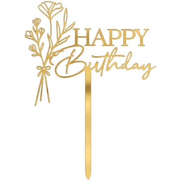 5 Piece - Happy Birthday Floral Acrylic Cake Topper Set - Gold