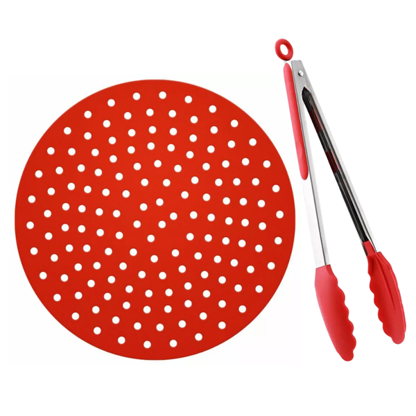 Round Silicone Air Fryer Mat with Silicone Tong - Red